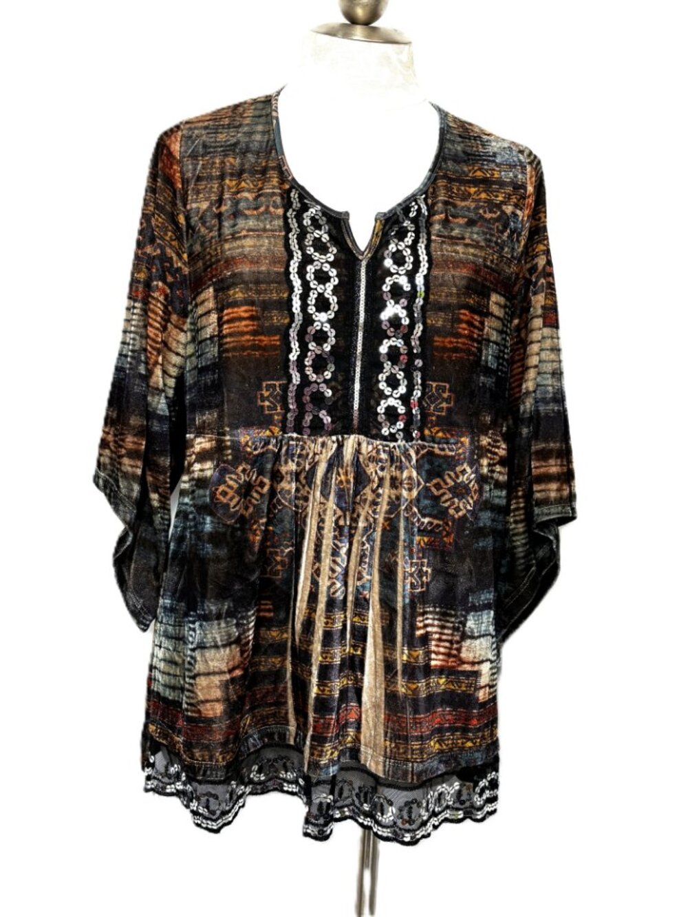 Unity World Wear Velvet brown blue  Boho Empire Style Top Sz 1X
